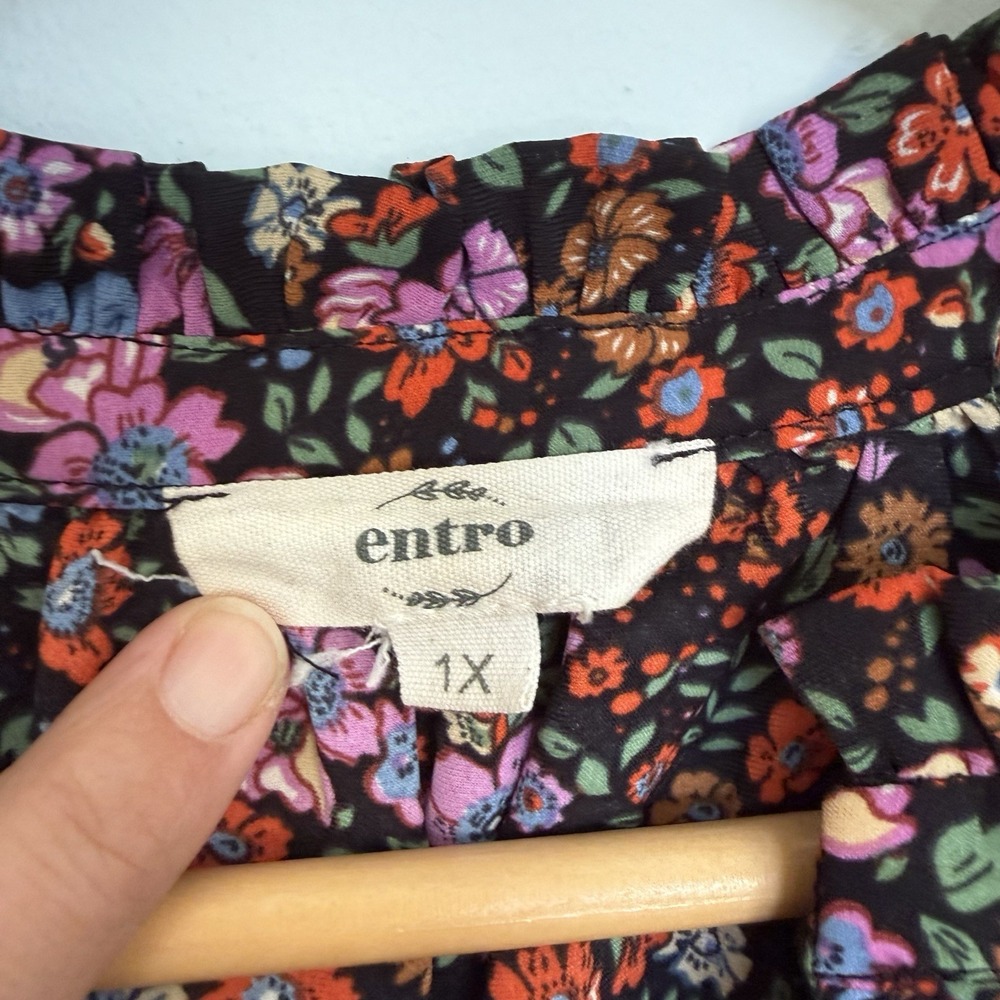 Entro Ditzy Floral Blouse Size 1X Balloon Sleeve Ruffle Cottage Coquette - Picture 6 of 9